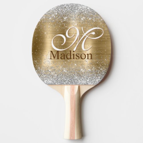 Cute brushed gold faux silver glitter monogram ping pong paddle