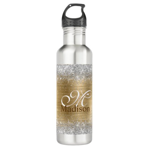 Cute brushed gold faux silver glitter monogram stainless steel water bottle
