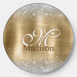 Cute brushed gold faux silver glitter monogram wireless charger 