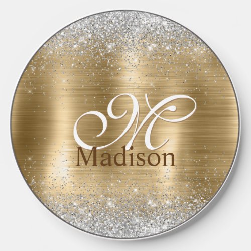Cute brushed gold faux silver glitter monogram wireless charger 
