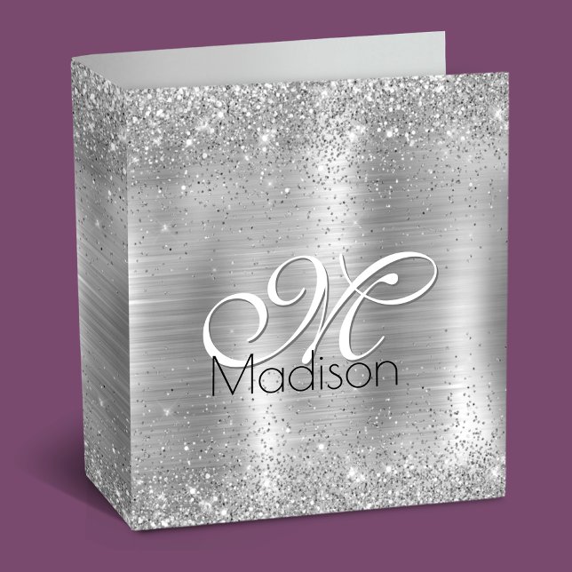 Cute brushed metal silver faux glitter monogram 3 ring binder (Creator Uploaded)