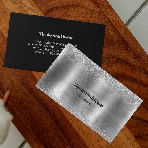 Cute brushed metal silver faux glitter monogram business card