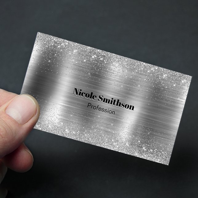 Cute brushed metal silver faux glitter monogram business card magnet (Creator Uploaded)