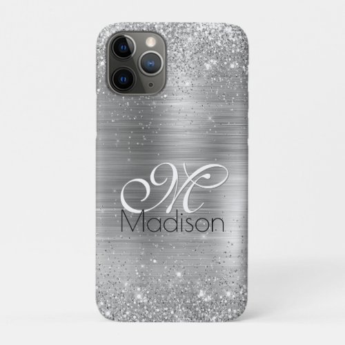 Cute brushed metal silver faux glitter monogram iPhone 11 pro case