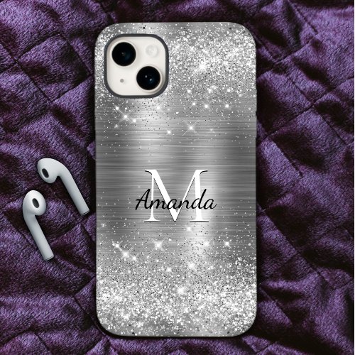 Cute brushed metal silver faux glitter monogram iPhone 15 case