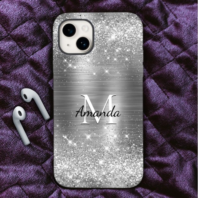 Cute brushed metal silver faux glitter monogram Case-Mate iPhone case (Creator Uploaded)