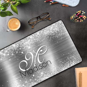 Cute brushed metal silver faux glitter monogram desk mat