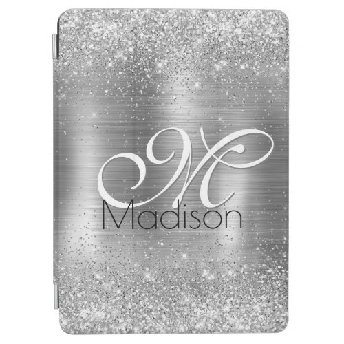 Cute brushed metal silver faux glitter monogram iPad air cover