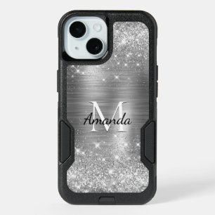 Cute brushed metal silver faux glitter monogram iPhone 15 case