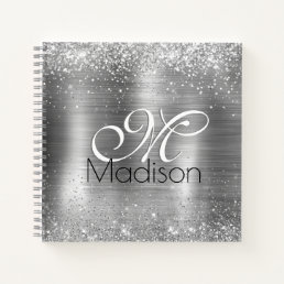 Cute brushed metal silver faux glitter monogram notebook