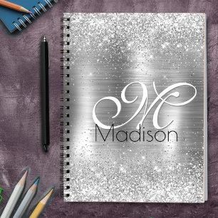 Cute brushed metal silver faux glitter monogram notebook