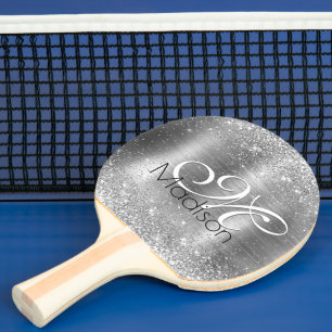Cute brushed metal silver faux glitter monogram ping pong paddle