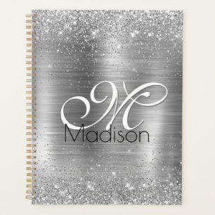 Cute brushed metal silver faux glitter monogram planner