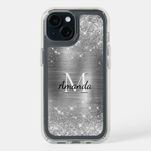 Cute brushed metal silver faux glitter monogram iPhone 15 case