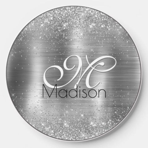 Cute brushed metal silver faux glitter monogram wireless charger 