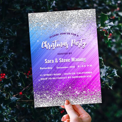 Cute brushed purple faux silver glitter Christmas  Invitation