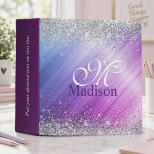 Cute brushed purple faux silver glitter monogram 3 ring binder