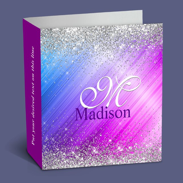 Cute brushed purple faux silver glitter monogram 3 ring binder (Creator Uploaded)