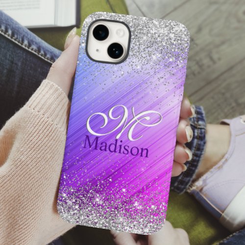 Cute brushed purple faux silver glitter monogram Case_Mate iPhone 14 case