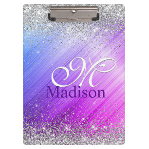 Cute brushed purple faux silver glitter monogram clipboard