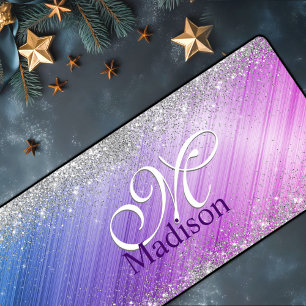 Cute brushed purple faux silver glitter monogram desk mat