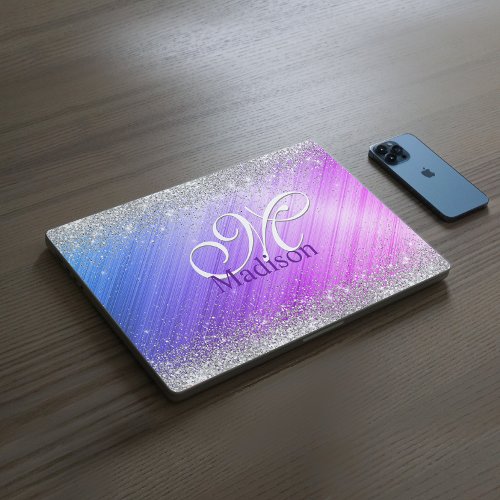 Cute brushed purple faux silver glitter monogram HP laptop skin