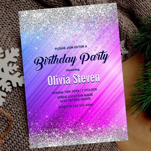 Cute brushed purple faux silver glitter monogram invitation