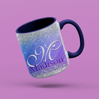 Cute brushed purple faux silver glitter monogram