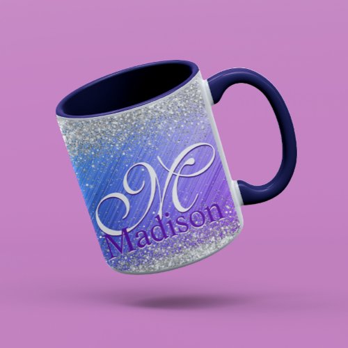 Cute brushed purple faux silver glitter monogram mug
