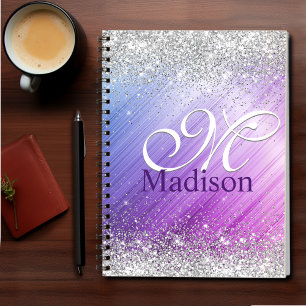 Cute brushed purple faux silver glitter monogram notebook
