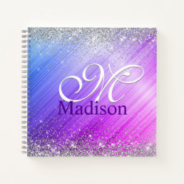 Cute brushed purple faux silver glitter monogram notebook