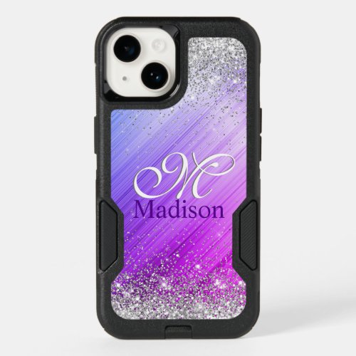 Cute brushed purple faux silver glitter monogram OtterBox iPhone 14 case
