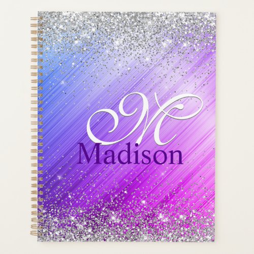 Cute brushed purple faux silver glitter monogram planner