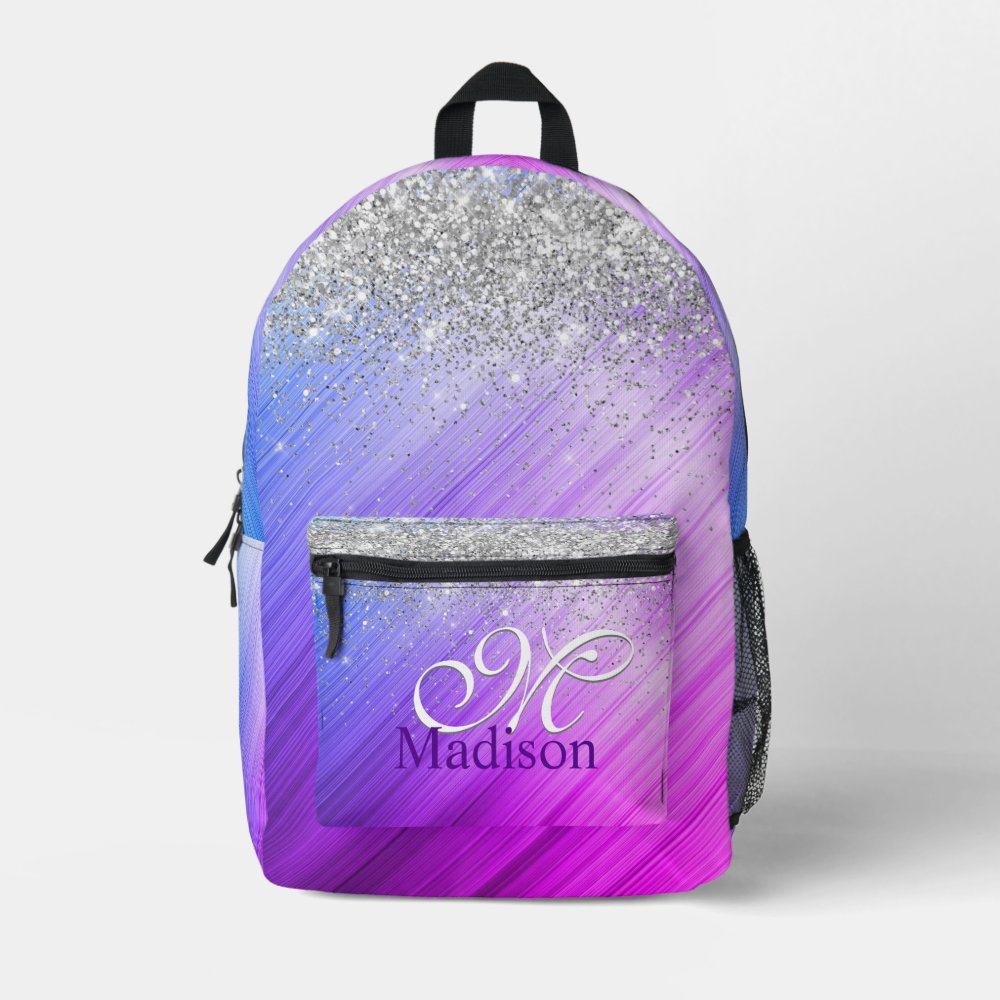 Cute Brushed Purple Faux Silver Glitter Monogram Custom Name Printed Backpack