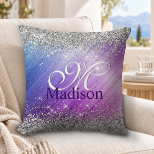 Cute brushed purple faux silver glitter monogram throw pillow