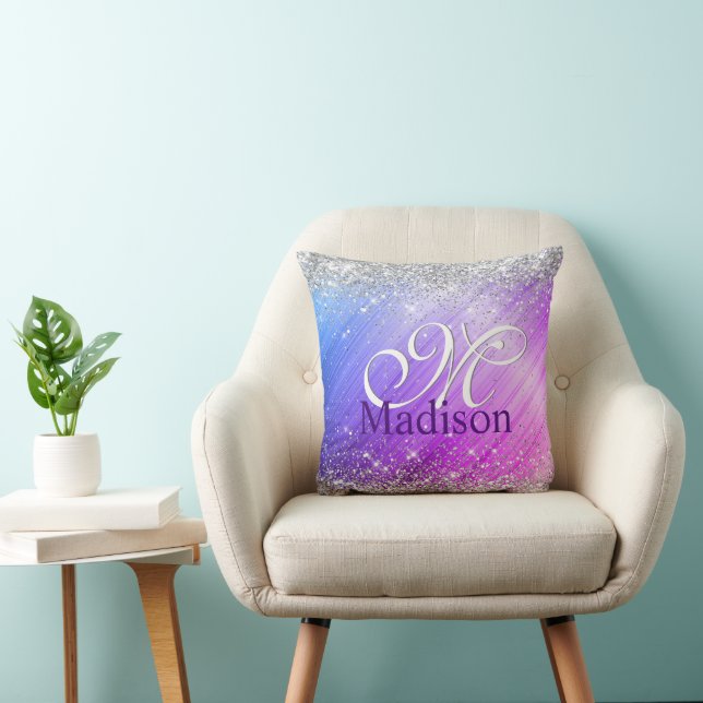 Cute brushed purple faux silver glitter monogram throw pillow (Chair)