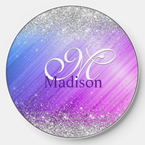 Cute brushed purple faux silver glitter monogram wireless charger 