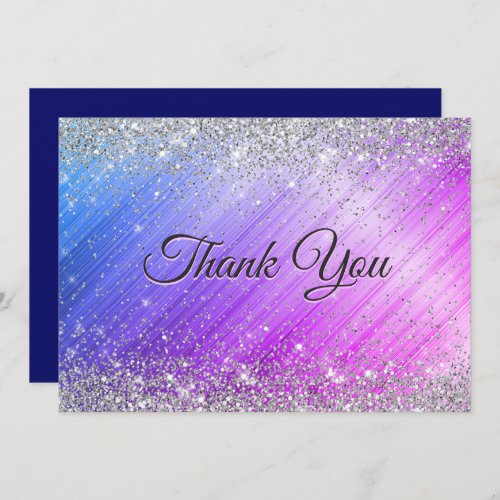 Cute brushed purple faux silver glitter thank you card