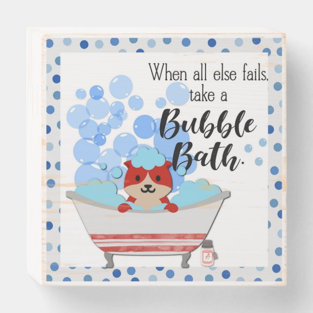Cute Bubble Bath Cartoon Cat Bathroom Wooden Box Sign (Front Horizontal)