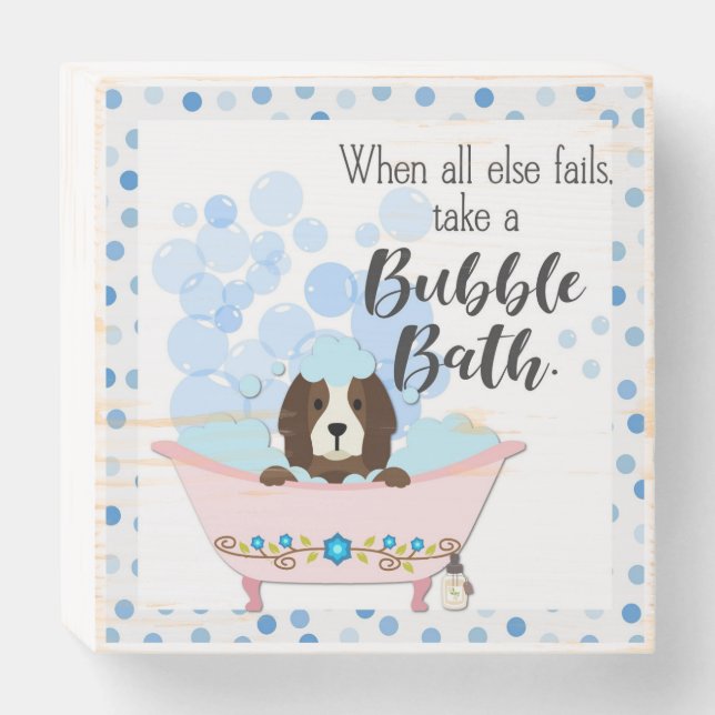 Cute Bubble Bath Cartoon Dog Bathroom Wooden Box Sign (Front Horizontal)
