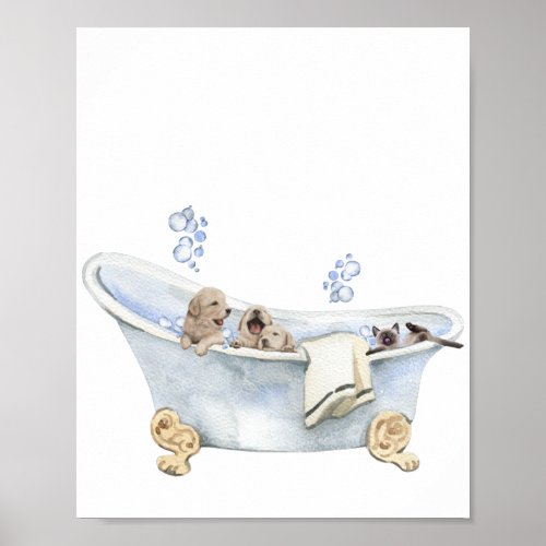 Cute Bubble Bath Puppies Kitten Bathtub  Poster