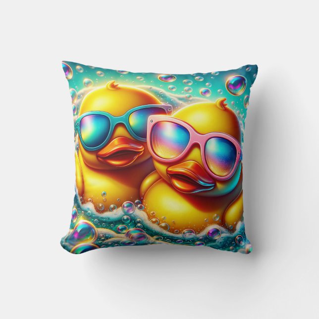 "Cute Bubble Bath Rubber Ducklings" Throw Pillow (Front)