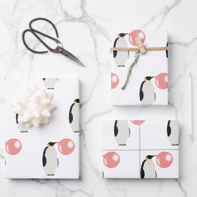 Cute Bubble Gum Penguin Blowing Bubble Wrapping Paper Sheets (Front)