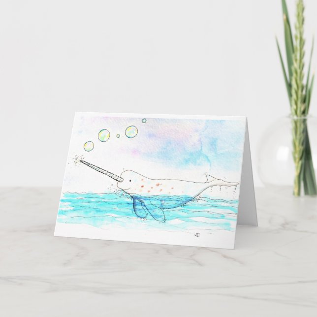 Cute Bubble-Popping Narwhal Watercolor Card (Front)