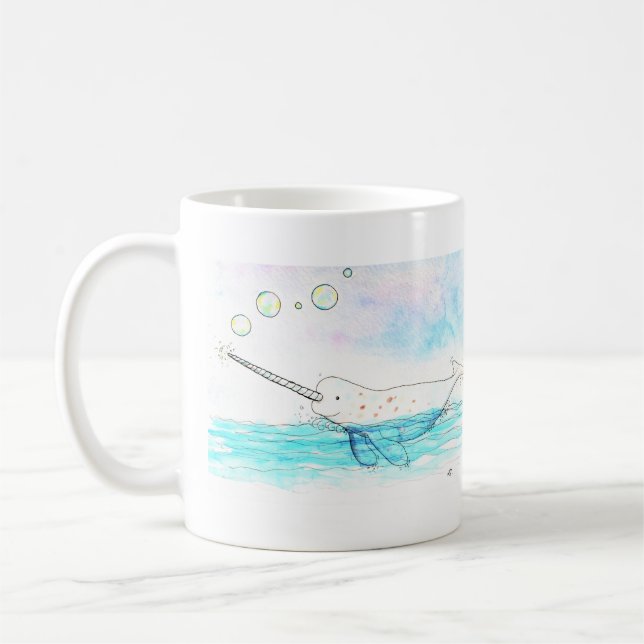 Cute Bubble-Popping Narwhal Watercolor Coffee Mug (Left)