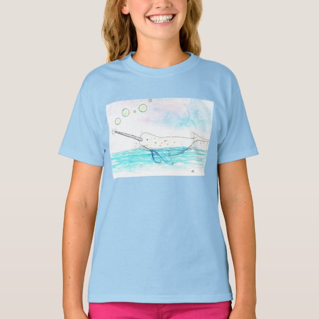 Cute Bubble-Popping Narwhal Watercolor T-Shirt (Front)