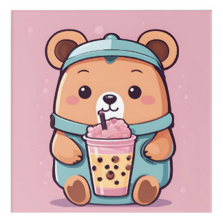 Cute Bubble Tea Bear Illustration – Kawaii Style Acrylic Print