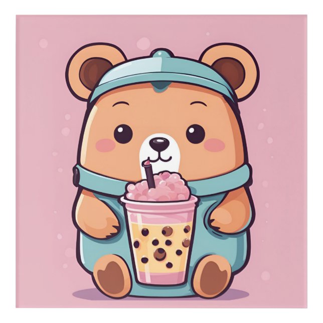 Cute Bubble Tea Bear Illustration – Kawaii Style Acrylic Print (Front)