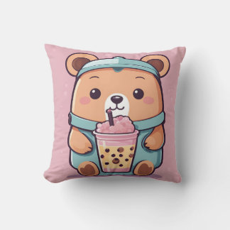 Cute Bubble Tea Bear Illustration – Kawaii Style Throw Pillow