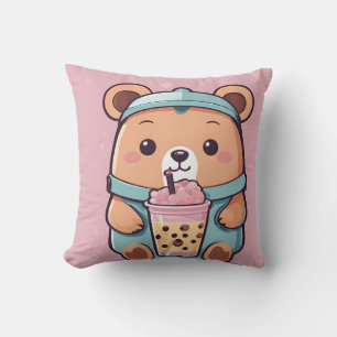 Cute Bubble Tea Bear Illustration – Kawaii Style Throw Pillow